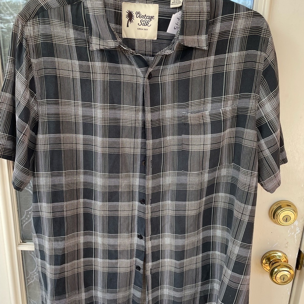 🖤 Vintage Silk Black & White Plaid 100% Silk Button-Up Shirt | XXL